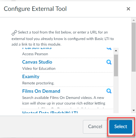 Select button is selected in the Configure External Tool window dialog