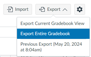 Export options in a software interface including Export Current Gradebook View Export Entire Gradebook and Previous Export