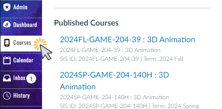 Published courses in a dashboard with a cursor hovering over the Courses section