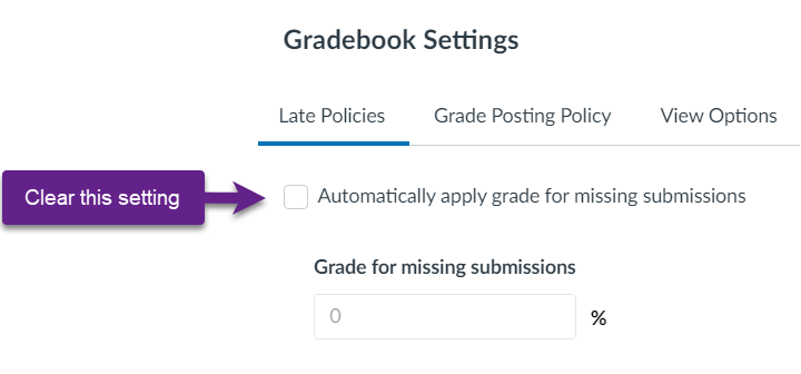 Gradebook settings page with a checkbox to clear the 'Automatically apply grade for missing submissions' setting