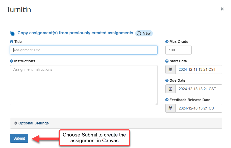 screen shot showing title field and instructions fields for input for turn it in assignment g