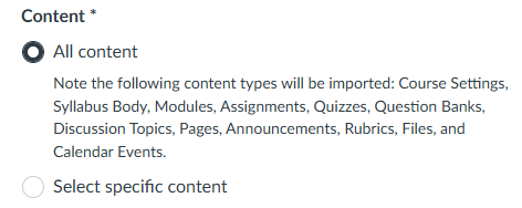 Content selection options for importing course content including all content or specific content types