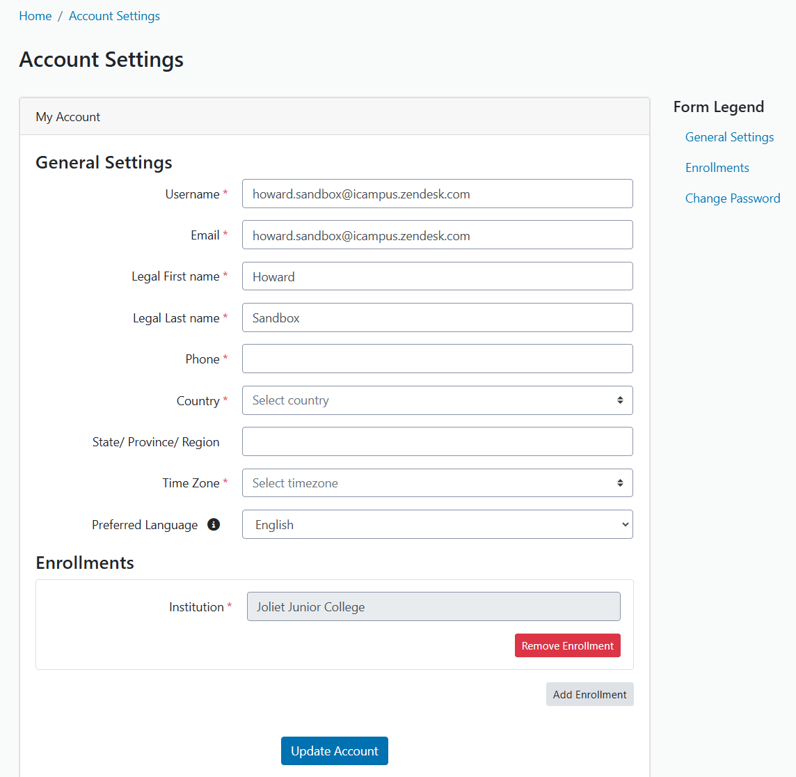 Account settings page with username email first name last name login page name password country timezone enrollment institution and update button