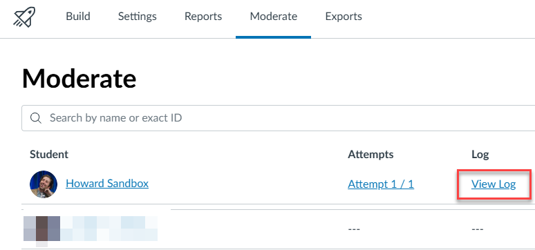 Moderate section with student 'Howard Sandbox' and 'View Log' button highlighted