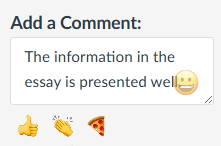 Comment section with text 'The information in the essay is presented well' and emojis