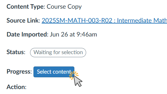 Course Copy page with source link date imported status progress and action fields