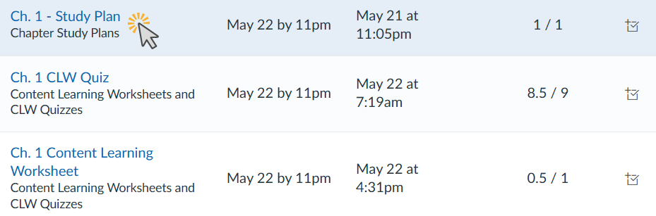 Study plan and quiz schedule for Chapter 1 including deadlines and progress