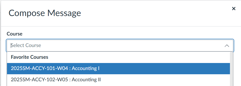 Compose Message window with Course dropdown and Favorite Courses list
