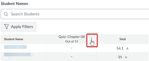 Student names and quiz results in a table with a red cursor highlighting the Kabob menu