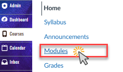 Modules button highlighted in red with a cursor icon