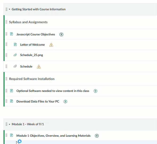 Course information page with links to syllabus objectives welcome letter schedule software installation and module 1 overview