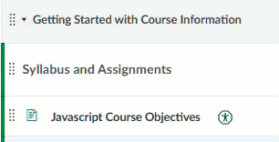 Course information module with 'Getting Started with Course Information' at the top 'Drag to reorder modules' below 'Syllabus and Assignments' in the middle and 'JavaScript Course Objectives' at the bottom