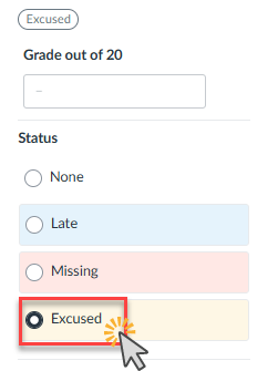 Grade excused out of 20 status highlighted