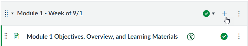 Module view showing 'Module 1 - Week of 9/1' with cursor on the plus icon to add content.