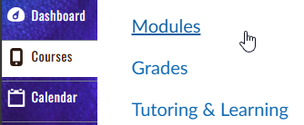 Screenshot of a course navigation menu. On the left sidebar, there are options: Dashboard, Courses, and Calendar. On the main section, three blue text links are visible: 'Modules,' 'Grades,' and 'Tutoring & Learning.' A hand-shaped cursor is hovering over the 'Modules' link.
