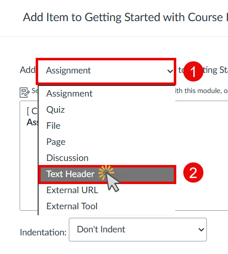 Dropdown in 'Add Item' dialog showing options, with cursor selecting 'Text Header.