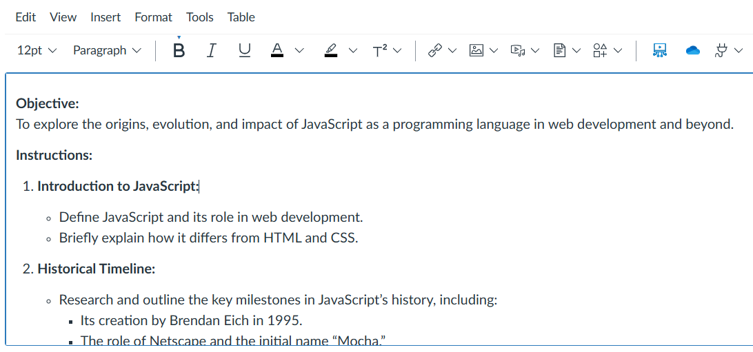 Text editor showing an assignment description with objective and instructions about JavaScript history, including sections for introduction and historical timeline.