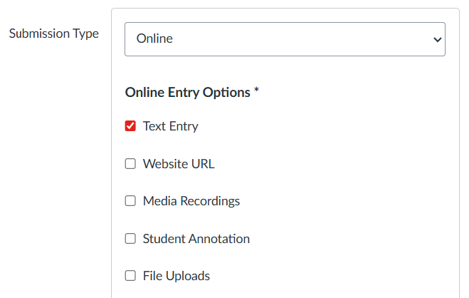 Submission type settings showing ‘Online’ selected with entry options including Text Entry, Website URL, Media Recordings, Student Annotation, and File Uploads.