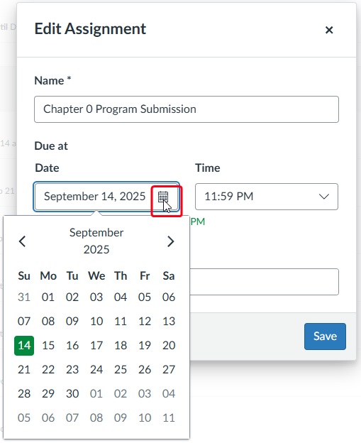"Edit Assignment interface showing the date and time fields for setting an assignment due on 'September 14, 2025,' at '11:59 PM'.