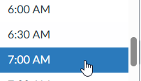 Hand cursor positioned over a time selection option labeled '7:00 AM.