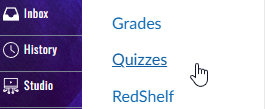 A navigation menu with 'Inbox' 'History' 'Studio' 'Quizzes' and 'RedShelf' options The 'Quizzes' option is highlighted