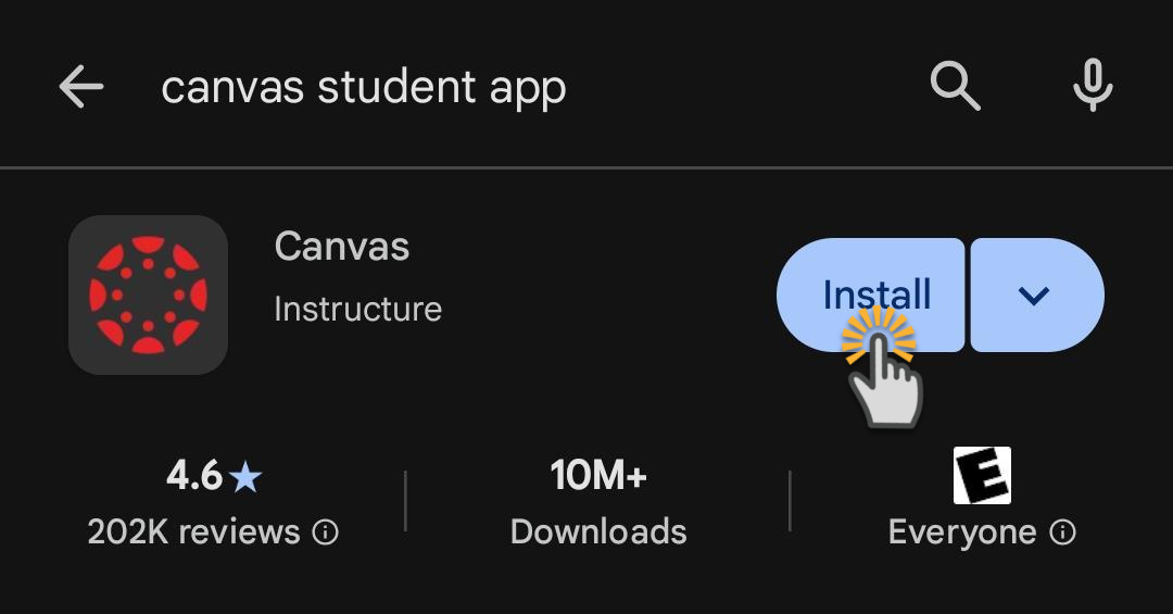 cursor hovering over install option to install canvas app in the play store on android
