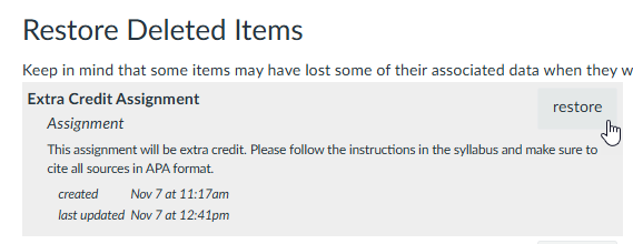 User hovers over the restore button next to item