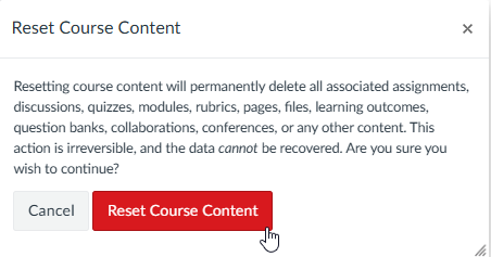 cursor hovers over reset course content. key: reset