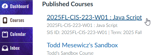 Cursor hovers over a link to a canvas course.