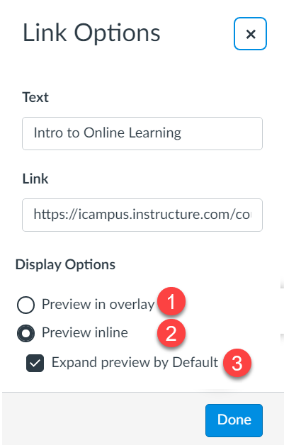 link options flyout menu showing display options for linked document