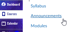 Cursor pointing to Announcements link