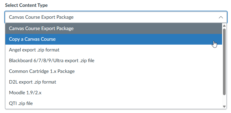 Canvas Course Export Package selection menu with 'Copy a Canvas Course' highlighted