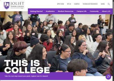 Joliet Junior College website homepage with students in the background and a call to action to enroll in college