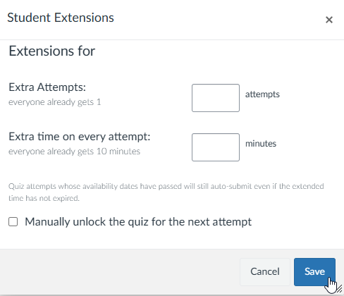 Student Extensions settings with options for extra attempts and extra time on each attempt and a checkbox to manually unlock the quiz for the next attempt