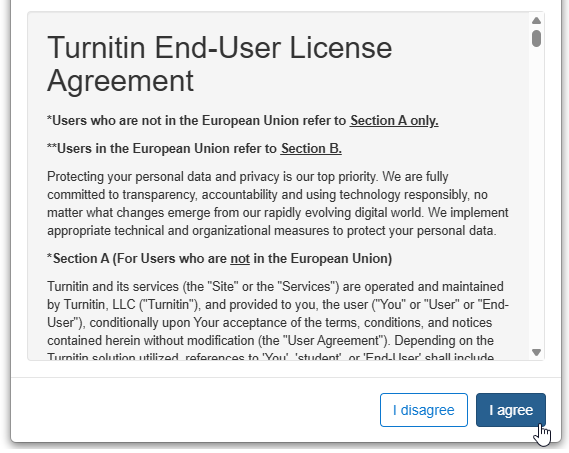 Turnitin End-User License Agreement with disclaimer and agreement button