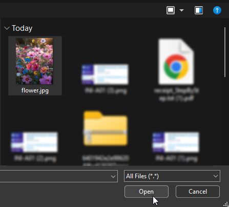 A file selection dialog with 'flowerjpg' selected
