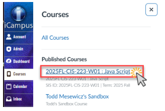 Highlighted course title '2025FL-CIS-223-W01 JavaScript' in the iCampus dashboard.png