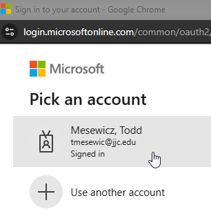 Microsoft account selection page with Mesewicz Todd as the signed-in account