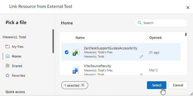 User selecting a file from the Home folder in a file explorer window