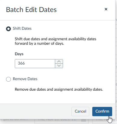 Batch Edit Dates dialog with options to shift or remove dates