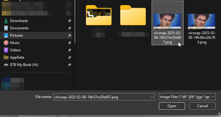 A screenshot of a file explorer window showing two image files named vlicsnap-2025-02-08-19h37m20s607png and vlicsnap-2025-02-08-19h38m28s76png