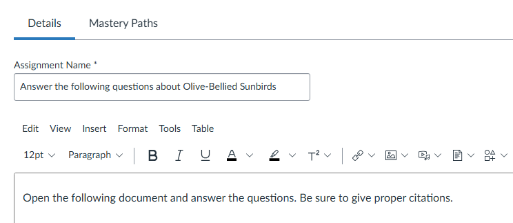 Assignment details for Olive-Bellied Sunbirds with instructions to open a document and answer questions with proper citations.png